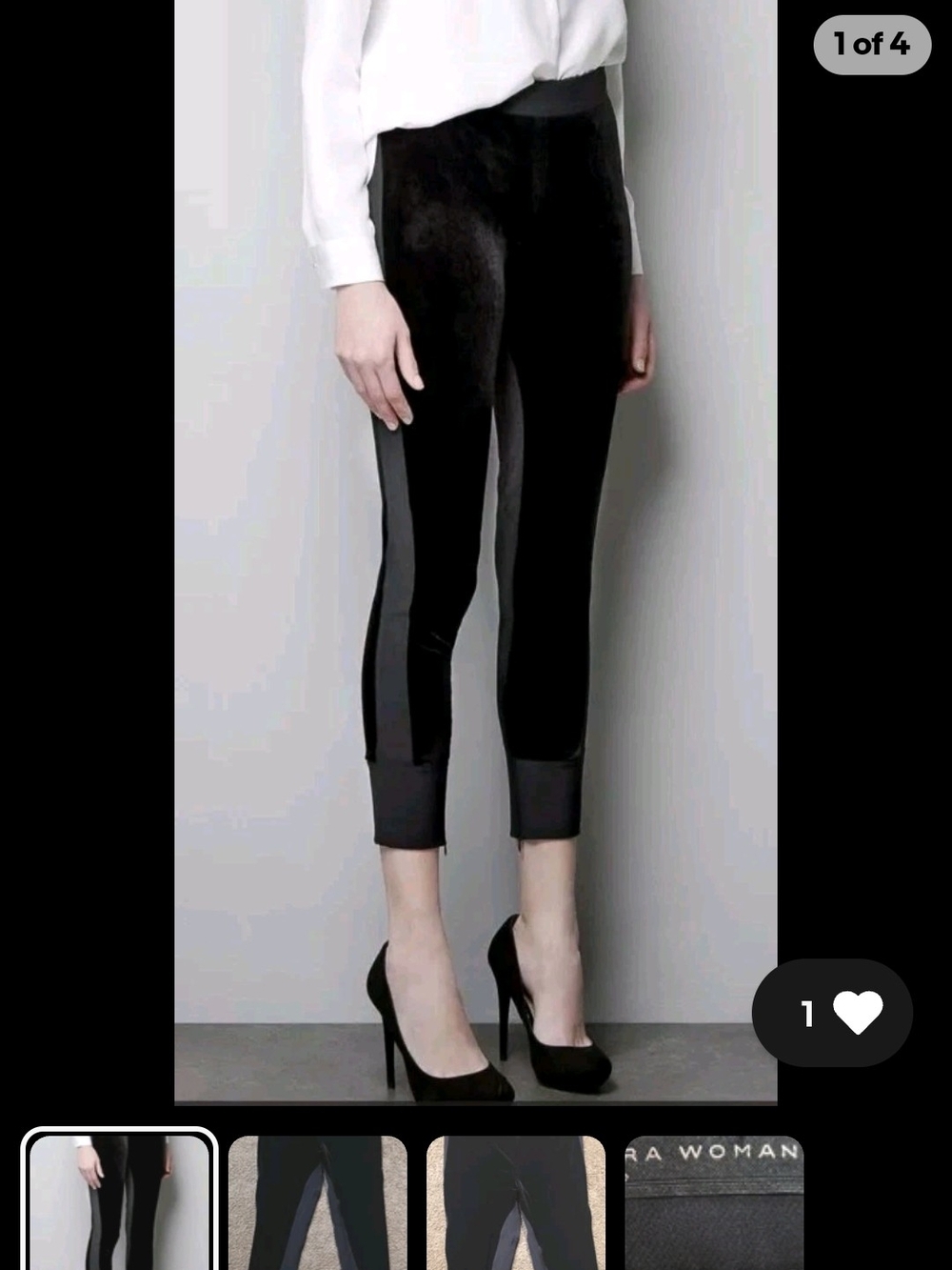Zara Woman Black Velvet Leggings Panel Ankle Zippers Pants Size Large